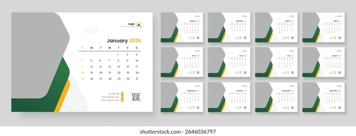 Conjunto de design do modelo corporativo do planejador do Calendário 2026. A semana começa no domingo.