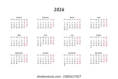 Kalender 2026, Planervorlage. Vectorisolierter Entwurf