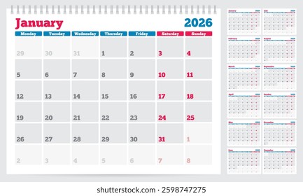 Calendar 2026 planner template. Week start on Monday. Set of 12 months. Vector illustration