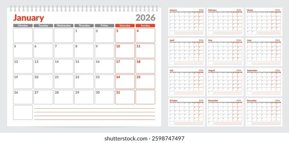 Calendar 2026 planner template. Week start on Monday. Set of 12 months. Vector illustration