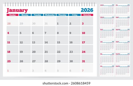 Calendar 2026 planner template. Week start on Sunday. Set of 12 months. Vector illustration