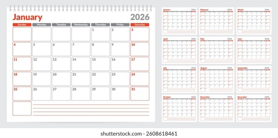 Calendar 2026 planner template. Week start on Sunday. Set of 12 months. Vector illustration