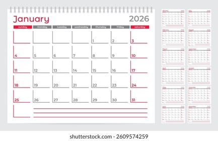 Calendar 2026 planner template. Week start on Sunday. Set of 12 months. Vector illustration