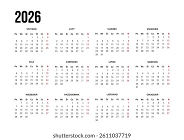 Calendar 2026 in Polish language. Vector template