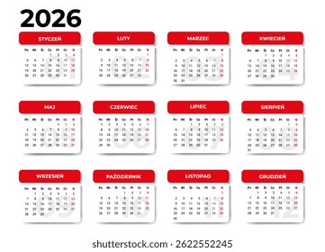 Calendario 2026 en polaco. Plantilla de Vector