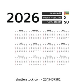 Calendar 2026 Portuguese language with Mozambique public holidays. Week starts from Sunday. Graphic design vector illustration.