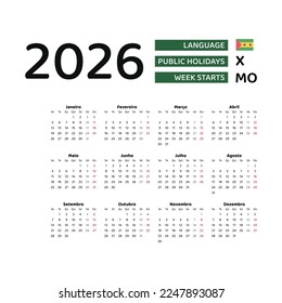 Calendar 2026 Portuguese language with Sao Tome and Principe public holidays. Week starts from Monday. Graphic design vector illustration..