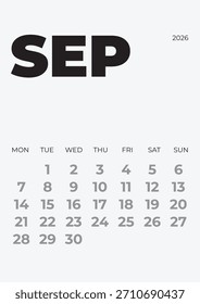 Calendario 2026 Septiembre. La semana comienza el lunes. Planificador de Vertical. Página de Vector A4