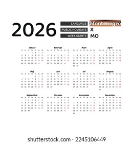 Calendar 2026 Serbian language with Montenegro public holidays. Week starts from Monday. Graphic design vector illustration.