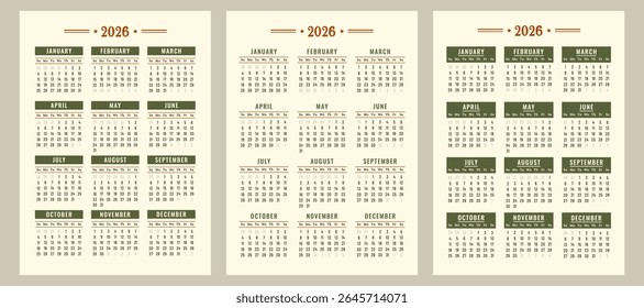 Calendar 2026 set. Vintage daily planner template with minimalist design. Monthly pages for wall print, desktop, business. Printable stationery. Week starts on Sunday. Vector flat illustration