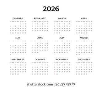 Calendário 2026 design mínimo simples. A semana começa no domingo. Modelo de design de planejador, calendário de mesa 2026 ano, calendário de parede 2026, mídia de impressão, anúncio, impressão, artigos de papelaria, escritório