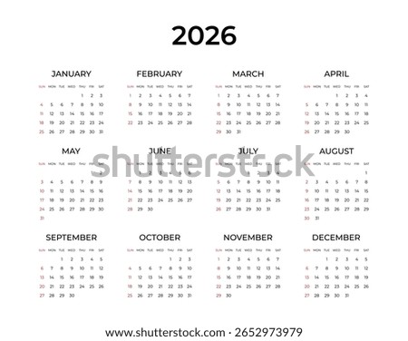 Calendar 2026 simple minimal design. Week starts on Sunday. Planner design template, desk calendar 2026 year, wall calendar 2026, print media, advertisement, printing, stationery, office