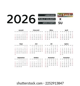 Calendar 2026 Sinhala language with Sri Lanka public holidays. Week starts from Sunday. Graphic design vector illustration.