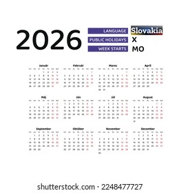 Calendar 2026 Slovak language with Slovakia  public holidays. Week starts from Monday. Graphic design vector illustration.