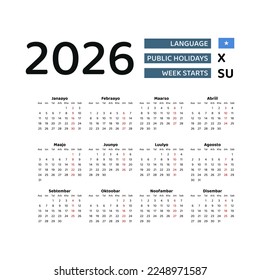 Calendar 2026 Somali language with Somalia public holidays. Week starts from Sunday. Graphic design vector illustration..