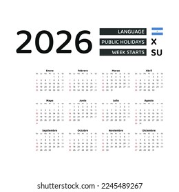 Calendar 2026 Spanish language with Nicaragua public holidays. Week starts from Sunday. Graphic design vector illustration.