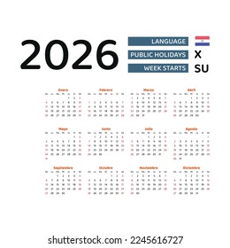 Calendar 2026 Spanish language with Paraguay public holidays. Week starts from Sunday. Graphic design vector illustration..
