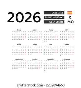 Calendar 2026 Spanish language with Spain public holidays. Week starts from Monday. Graphic design vector illustration.