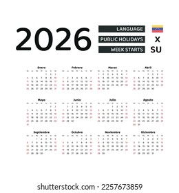 Calendar 2026 Spanish language with Venezuela public holidays. Week starts from Sunday. Graphic design vector illustration.