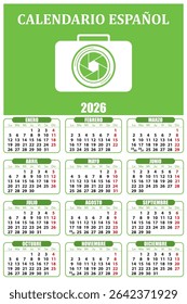 Calendar for 2026 in Spanish, with space for publicity and image. 10x15cm. Color.