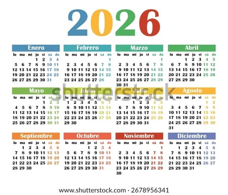 Calendar 2026 in spanish. Vector calendar design template. Colorful calendar.