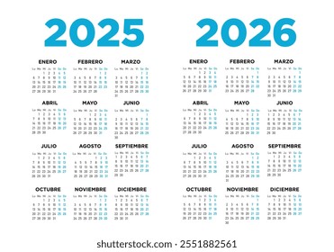 Calendar 2026 and 2026 in spanish. Week starts on Monday. Illustration minimal.