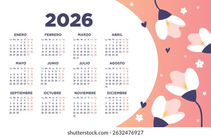 Calendar 2026 in spanish. Week starts on Monday. Illustration minimal. Flowers background