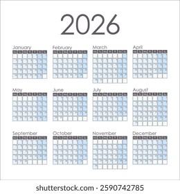 Calendar 2026 square.  Week starts on Monday. Vector design.