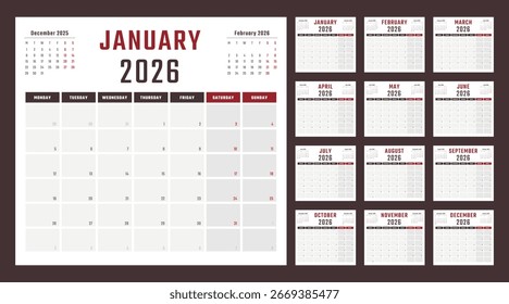calendar for 2026 starts monday, vector calendar design 2026 year