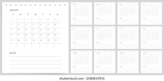 Calendar 2026, Calendar 2026 Sunday Start A4 Minimalist Black and White Corporate Design Template	