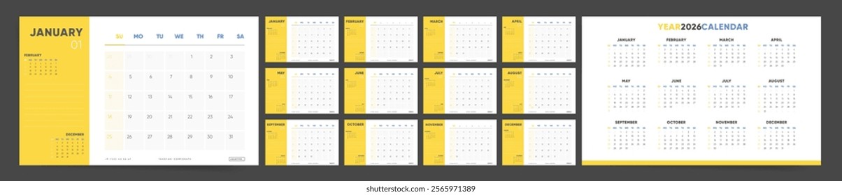 Calendar 2026, Calendar 2026 Sunday Start Bold Yellow Corporate Design Template Vector with Place for Notes. 12 Monthly Pages Calendar Planner for whole 2026 year. 