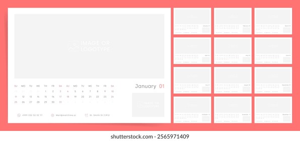 Calendar 2026, Calendar 2026 Sunday Start Bold Empty Design Template Vector with Copy Space for Branding and Photo Image