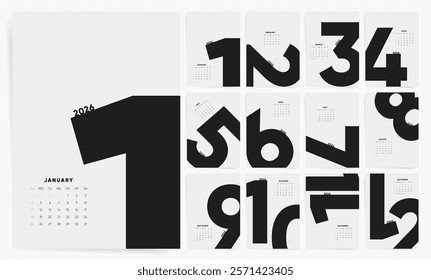 Calendar 2026 Sunday Start Bold Big Black Numbers Corporate Design Template