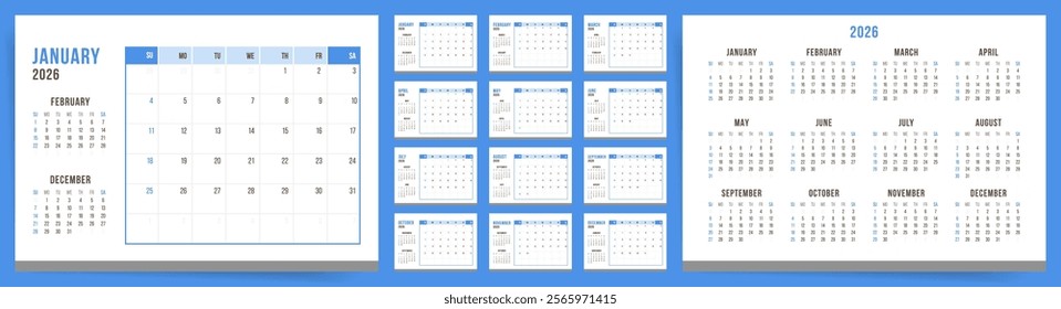 Calendar 2026, Calendar 2026 Sunday Start Clean Blue Design Template Vector