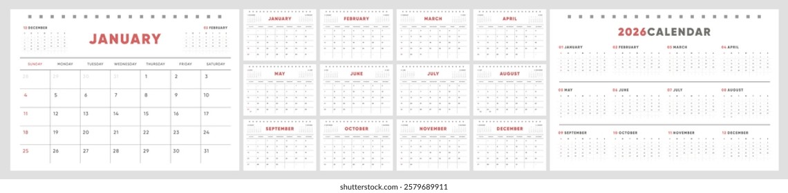 Calendar 2026, Calendar 2026 Sunday Start Clean and Simple Minimal Corporate Design Template