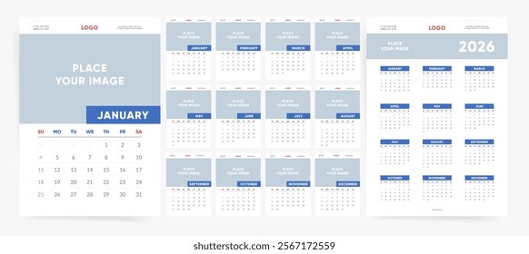 Calendar 2026, Calendar 2026 Sunday Start Corporate Editable Design Template Vector. Editable 12 Calendar Pages Designs with Logo and Picture Space.