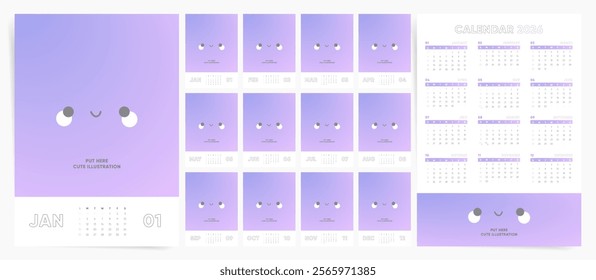 Calendar 2026, Calendar 2026 Sunday Start Cute Gradient Design Template Vector