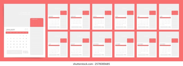 Calendar 2026, Sunday Start, Editable Calendar Template, Red Corporate Classic Yearly Mockup with Logo Cover