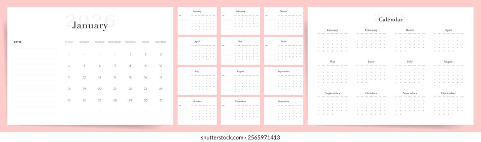 Calendar 2026, Calendar 2026 Sunday Start Elegant Minimal Pink Design Template Vector