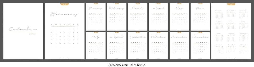 Calendar 2026 Sunday Start Handwritten Gold Minimal Vertical Template