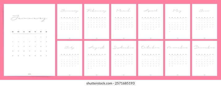 Calendar 2026, Calendar 2026 Sunday Start Handwritten Pink Minimal Vertical Template