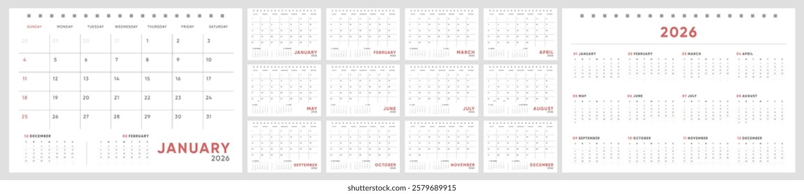 Calendar 2026, Calendar 2026 Sunday Start Horizontal A4 Wall or Desktop Minimal Corporate Design Template	