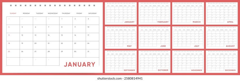 Calendar 2026, Calendar 2026 Sunday Start Horizontal A4 Wall or Desktop Minimal Corporate Design Template