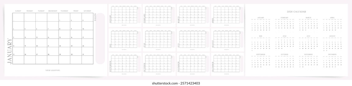 Calendar 2026, Calendar 2026 Sunday Start Minimal Pink Notes Corporate Design Template