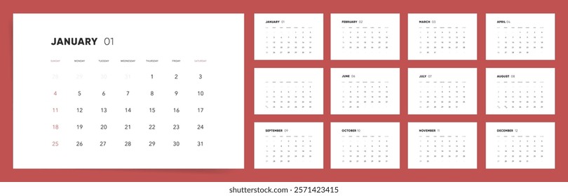 Calendar 2026 Sunday Start Minimal Red Accent Corporate Design Template