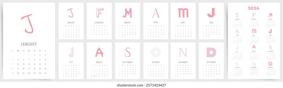 Calendar 2026 Sunday Start Minimal Pink Letters Corporate Design Template