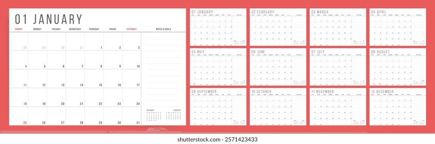 Calendar 2026 Sunday Start Minimal Red Accent Monthly Planner Template