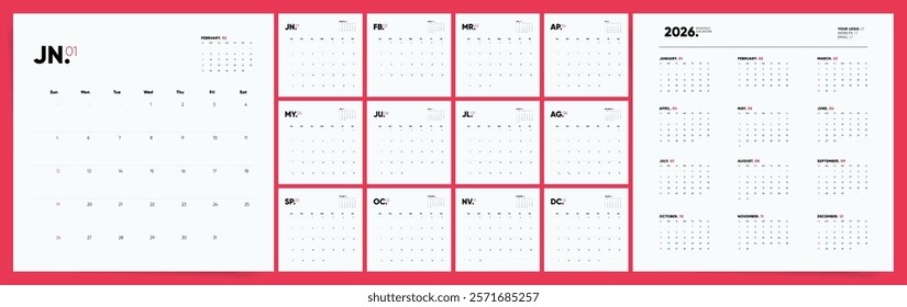 Calendar 2026 Sunday Start Minimal Red Corporate Design Template