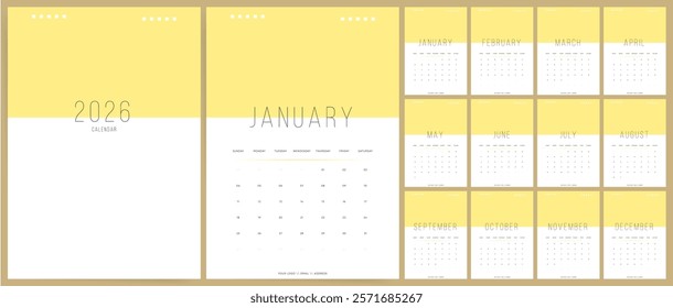 Calendar 2026 Sunday Start Minimal Yellow Corporate Design Template Clean Calendar Planner for 2026