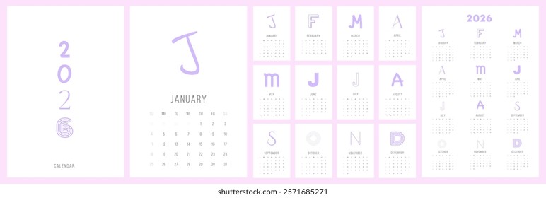 Calendar 2026 Sunday Start Minimal Purple Letters Corporate Design Template Monthly Calendar for 2026 year